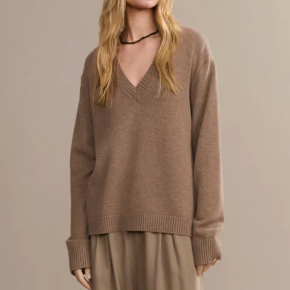Jenni Kayne Simone V-Neck Sweater XS/S/M Doe Camel Tan Wool Causal Soft